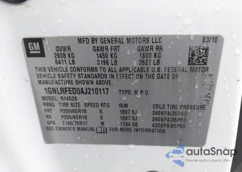 2010 Chevrolet Traverse Lt z USA, uszkodzony, nr VIN 1GNLRFED0AJ210117